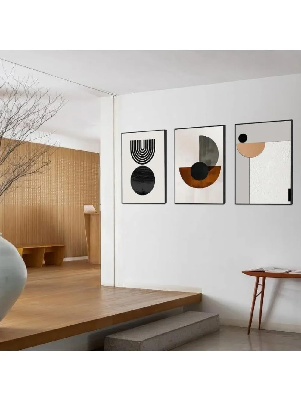 Set of 3 Geometric Arch Abstract Canvas Wall Art - Black & Brown Decor